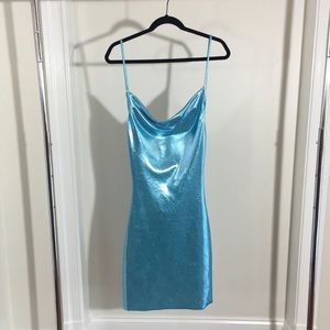 Blue glitter cowl neck dress with rhinestone detail on straps!